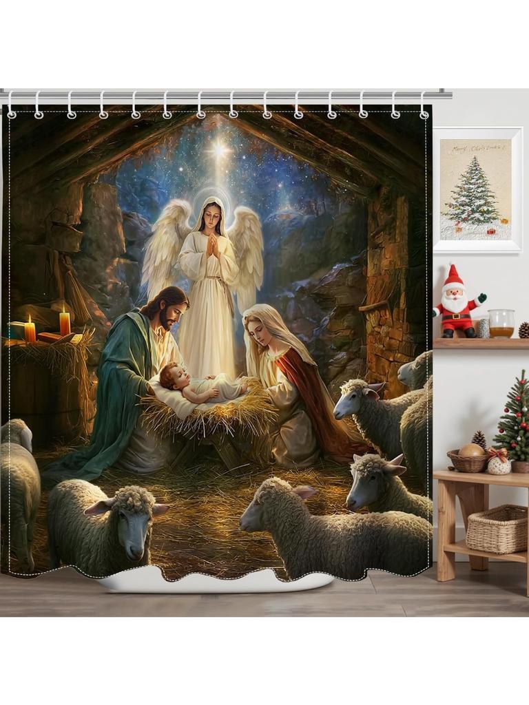 Christmas Shower Curtain Christma Holy Night Nativity Shower Curtain The Birth of Jesus Thatched Cottage Lamb for Xmas Christma