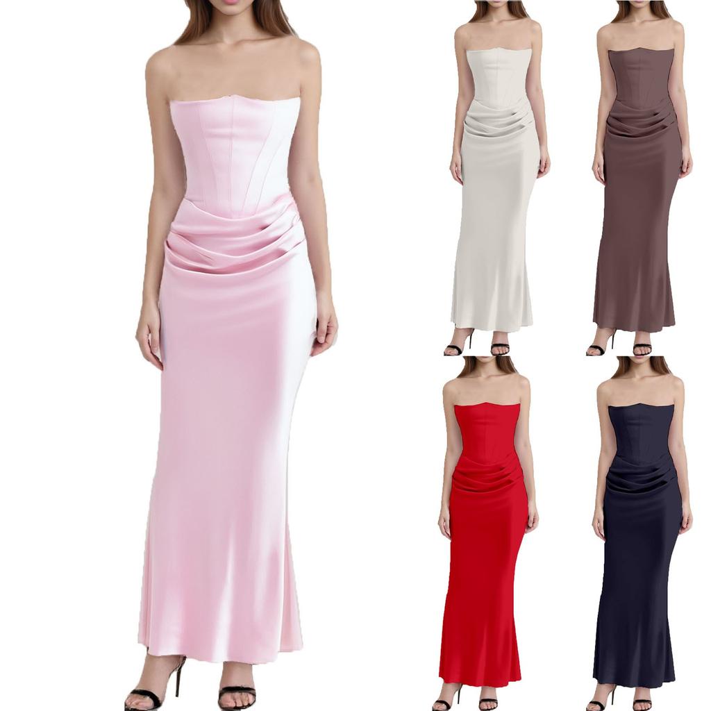 Ladies Summer Temperament With Breast Fish Sexy Slim Fishtail Fishtail Skirt Long Solid Color Dress