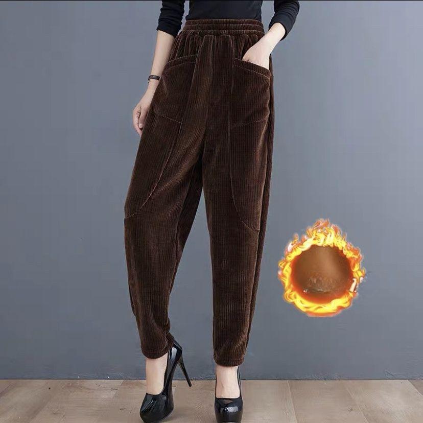 

Женские вельветовые шаровары осень-зима утолщенные свободные флисовые брюки больших размеров с высокой талией XL кофейный