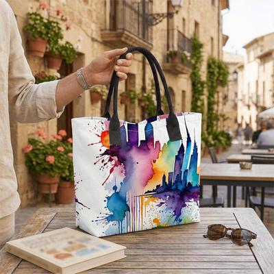  Watercolor City Tote Bag Fashion Casual Large Capacity Shoulder Handbag for Daily Use