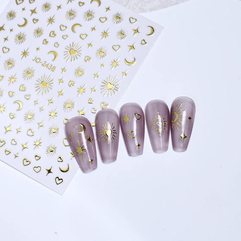 1Pc Bronzing Heart-Shaped Nail Stickers Gold And Silver Laser Butterfly Star Moon Glue Slider Diy Nail Accessories Decoration