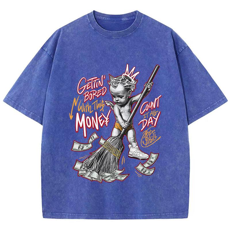 Woman Acid Wash T-Shirts Gettin Bored With This Money Prints Tops Oversize Comfortable Crewneck Tee Shirts Clothes