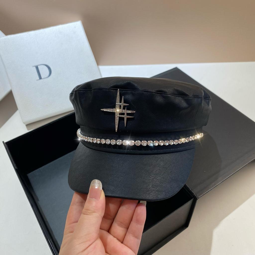 Autumn and Winter Trendy Sweet and Cool Soft Leather Imitation Lambskin Navy Hat Fashionable Versatile Black Rhinestone Star Duck Tongue Newsboy Hat