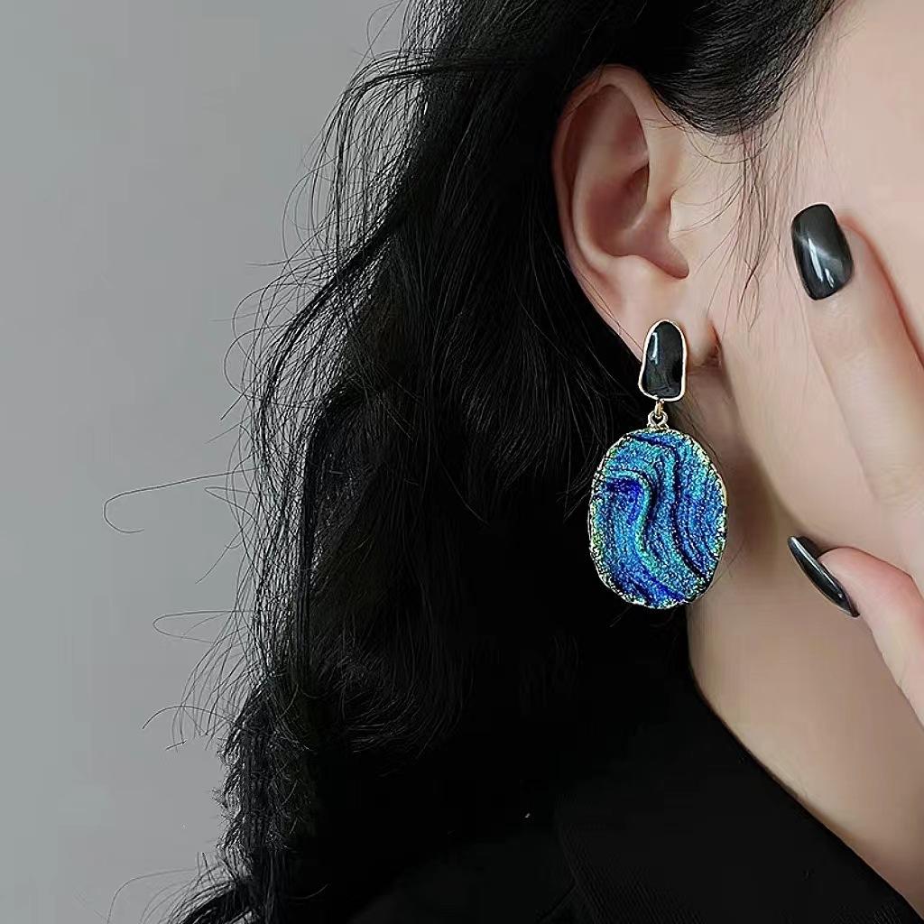 Blue Textured Zircon Earrings for Women Personalized Exaggerated Light Luxury Artistic Statement Jewelry Trendy Gift