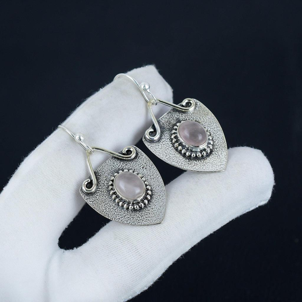 Natural Rose Quartz Gemstone Earrings, 925 Sterling Silver Earring, Handmade Boho Silver Jewelry Dangle Earrings, Easter Gift