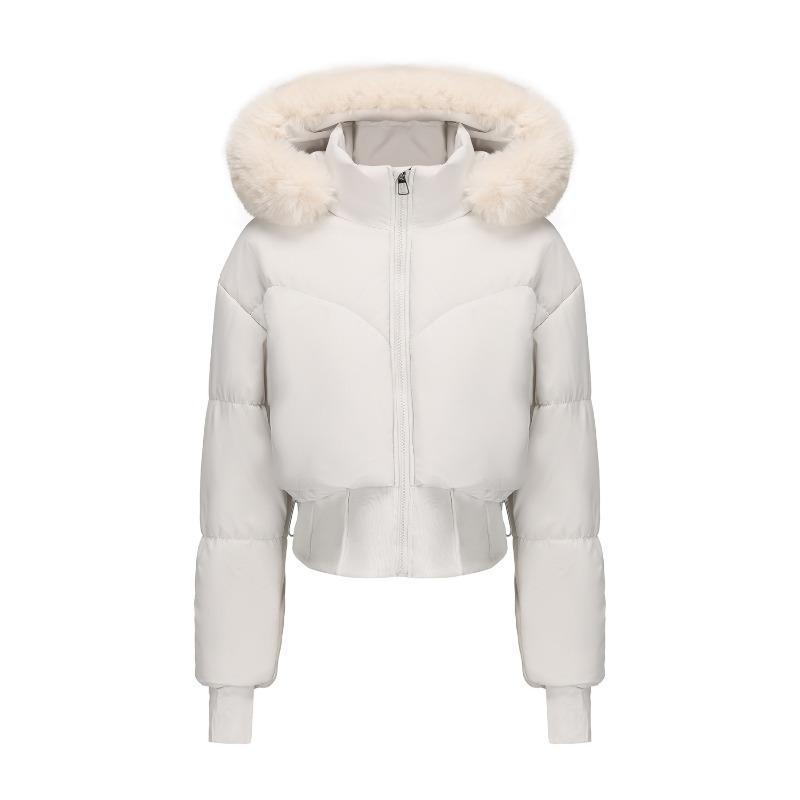 

Зимова Коротка Куртка з Капюшоном та Великим Хутряним Коміром Жіноча Товста Тепла Куртка на Бавовняній Підкладці з Дизайном на Талії XL сірий білий колір