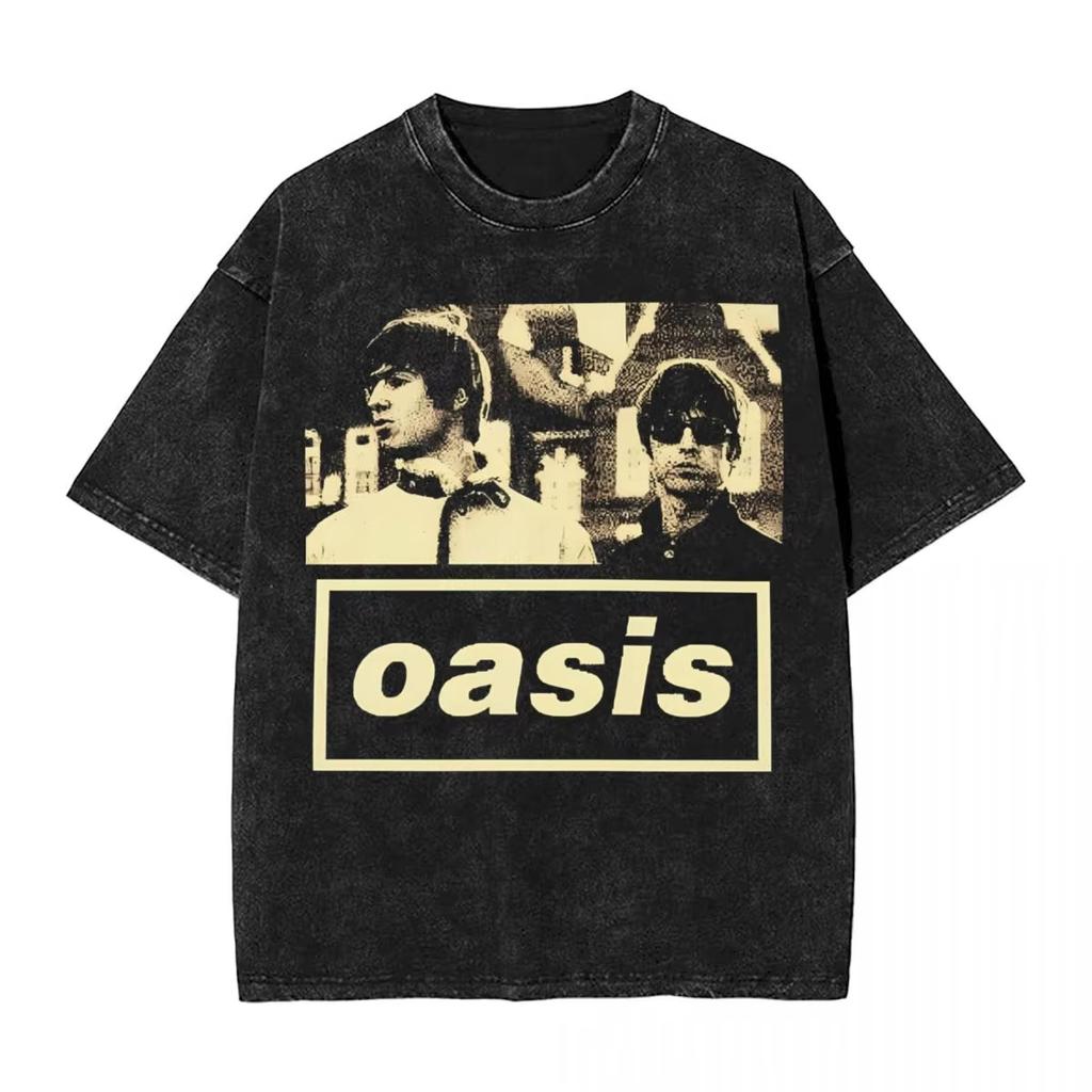 Men OASIS Live Tour Vintage Oversized Washed T-Shirts Summer Cotton Short Sleeve Definitely Maybe Rock Band Albums Streetwear Tees