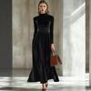 Women's Long Sleeve Velvet Belted Midi Dress with Puff Sleeves