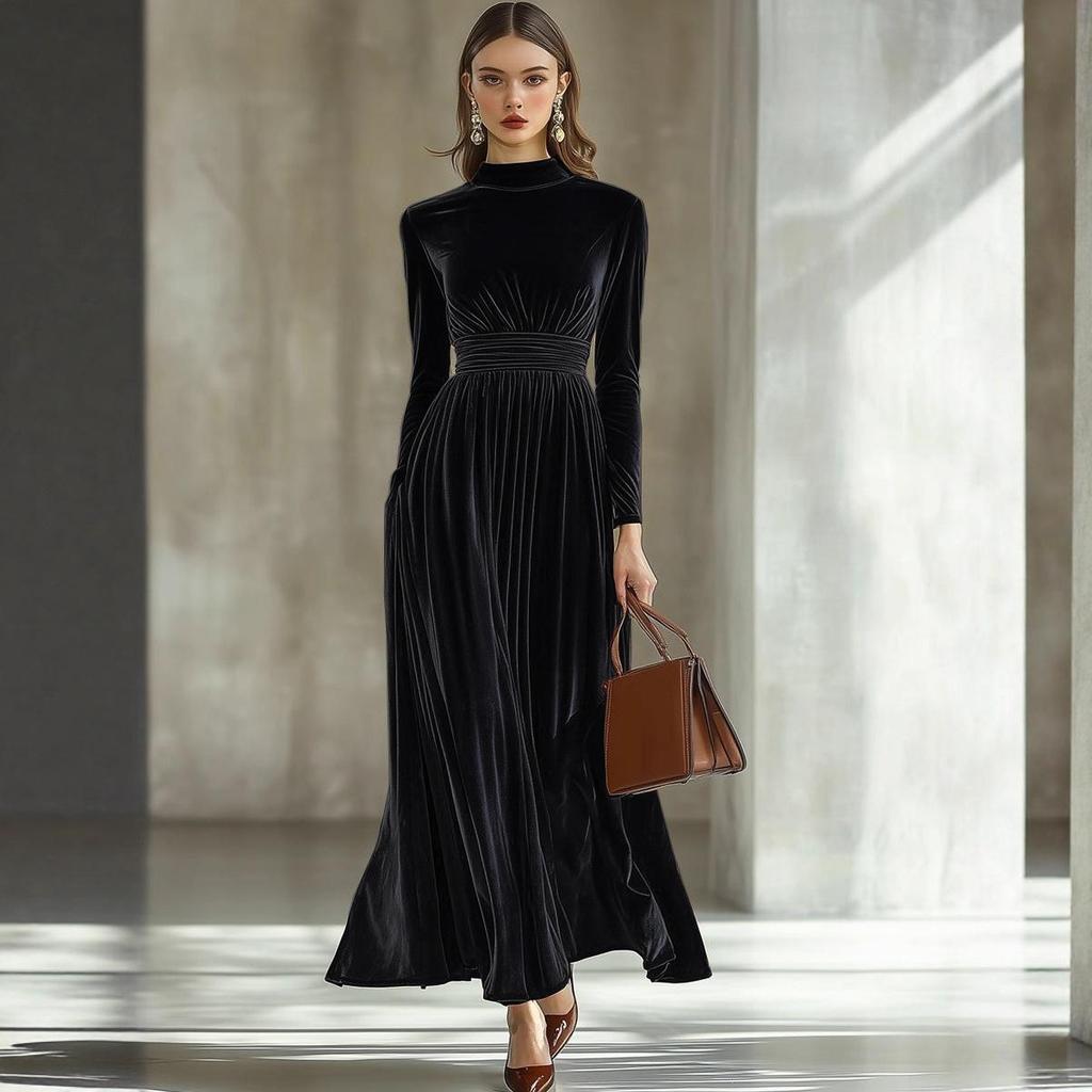Women's Long Sleeve Velvet Belted Midi Dress with Puff Sleeves