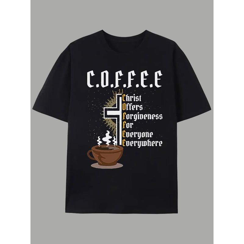 Men'S Top Featuring a Coffee-Themed Graphic, Casual Short-Sleeve Round-Neck T-Shirt, Suitable for Summer And Spring, Outdoor Wear