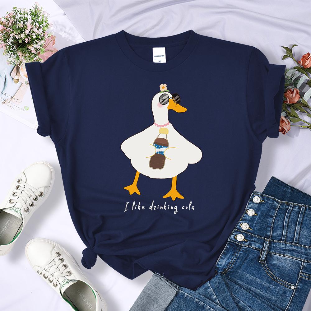 Sunglasses Drink Duck Design Women Tee Shirts Summer Comfortable T-Shirt Casual Crewneck Clothes Hip Hop Soft Woman Short Sleeve