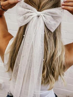 1pc White Mesh Imitation Pearl Streamer Bow Hairpin, Retro Simple Temperament Bridal Wedding Veil Sweet Bridesmaid Hairpin