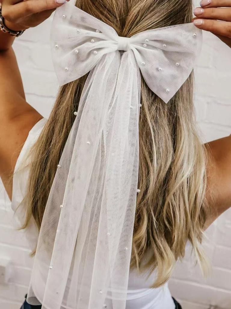 1 Stück weißes Netz Imitationsperlen Streamer Schleife Haarnadel, retro schlichtes Temperament Braut Hochzeit Schleier süße Brautjungfern Haarnadel