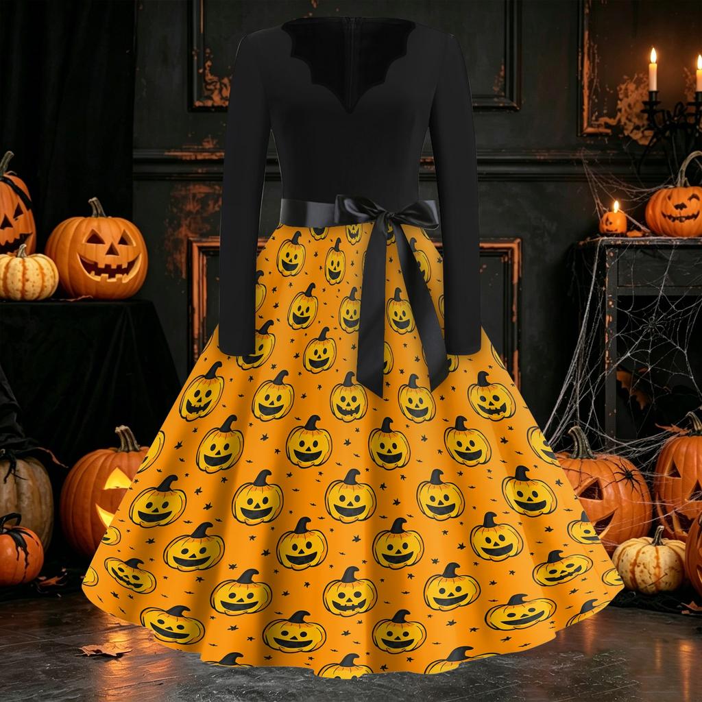 Women's Long Sleeve V Neck Vintage Style Dress with Halloween Print Casual Retro Fit and Flare Midi Dress with Waist Tie for Everyday Wear
