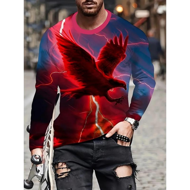 Spring and Autumn Round Neck Vintage Eagle Graphic 3D Printed Top Fashionable Casual Long Sleeved Men's T-shirts