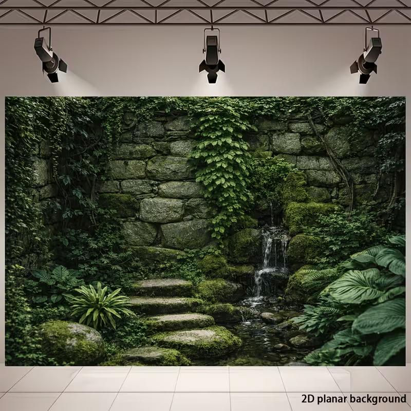 Lush Greenery Courtyard Mural with Cascading Waterfall and Pond