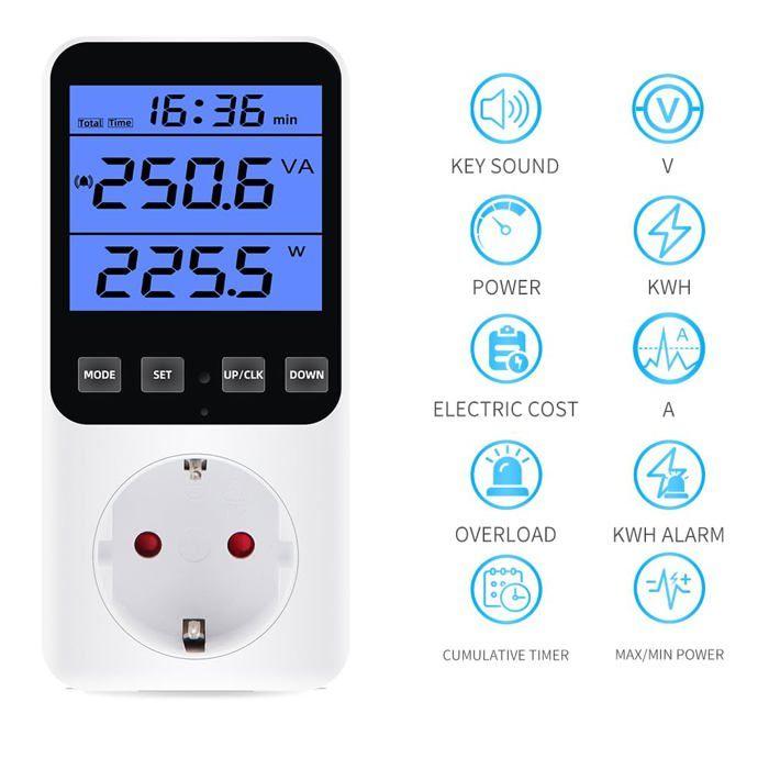 AIMOONSA Compteur électrique pour prise 14 modes avec écran LCD — mesure conso kWh W V A PF