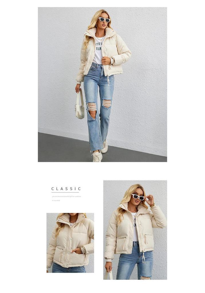 2023 Women's European & American Style Short Stand-Collar Down Cotton Jacket with Zipper