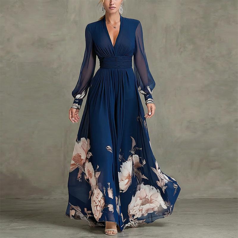 Women s spring new, European and American dresses, fashionable and elegant printed V-neck dresses S
