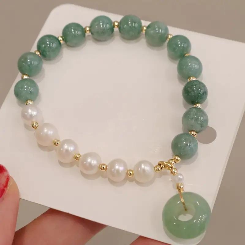 Jade Dongling, Jade Hotan, calcédoine verte, bracelet à breloques fermoir sécurité, perle d'eau douce naturelle, perles de cristal, bracelet fille