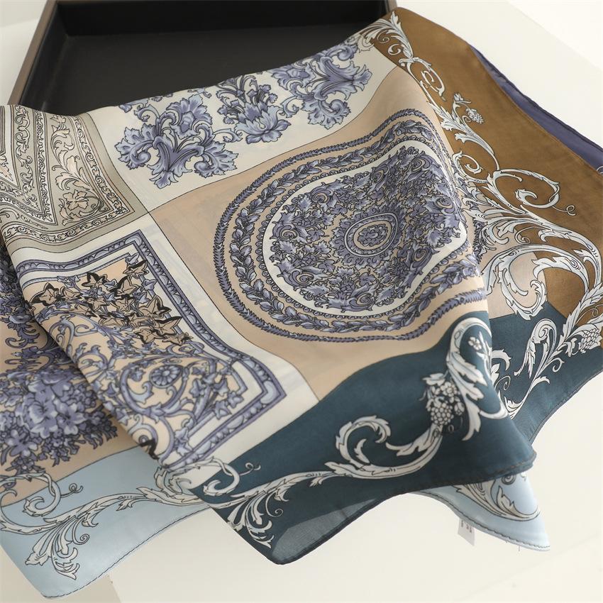 Blue and white porcelain plain silk scarf sunscreen shawl national style fashion scarf imitation silk 71cm square scarf professional scarf women