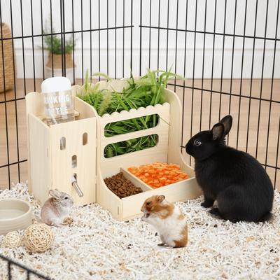 2 In 1 Rabbit Hay Feeder Bite Resistant with Bottle Wooden Grass Dispenser Detachable Guinea Pig Feeder Cage Accessories