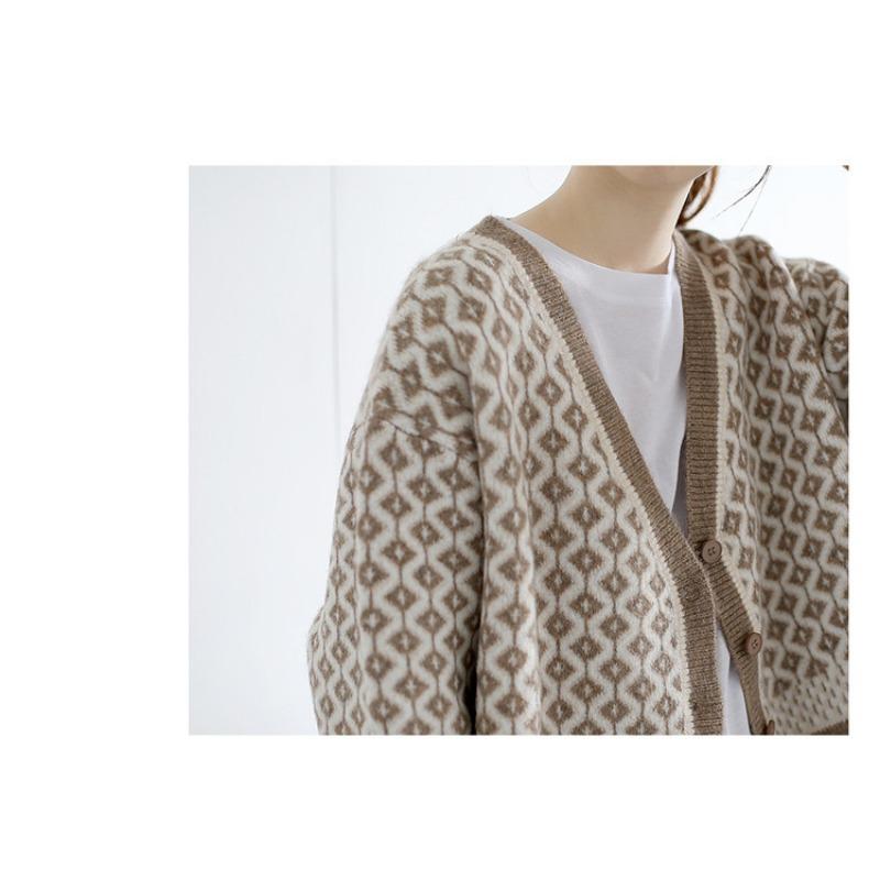 Women Loose Thick Plaid Color Block V Neck Long Sleeve Knitted Cardigan Sweater Coat
