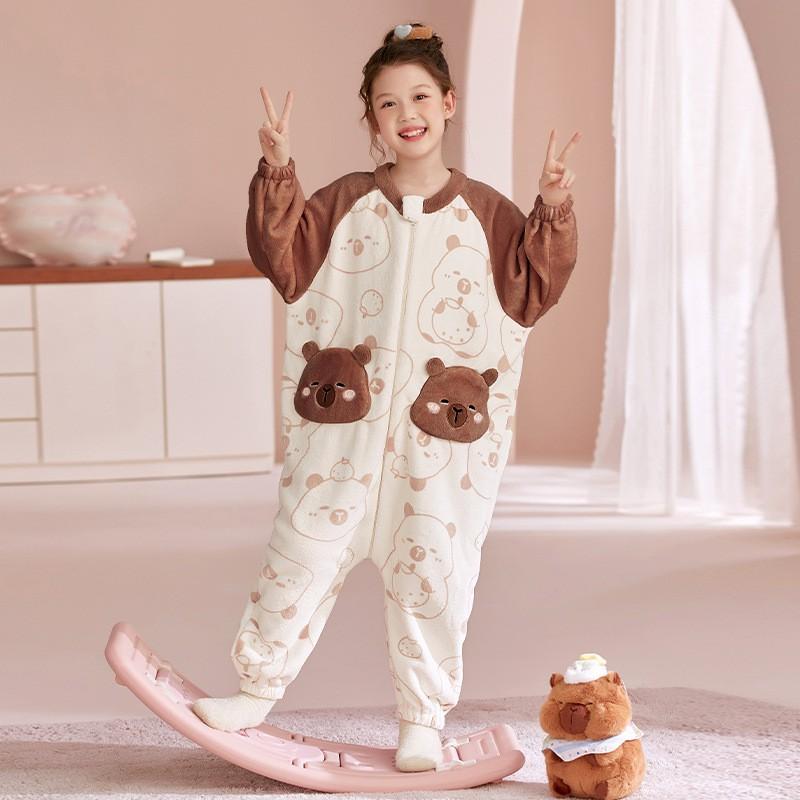 Thick Flannel Kids Pajamas One-Piece Sleepwear Boys Girls Winter Warm Home Suit Cartoon Print