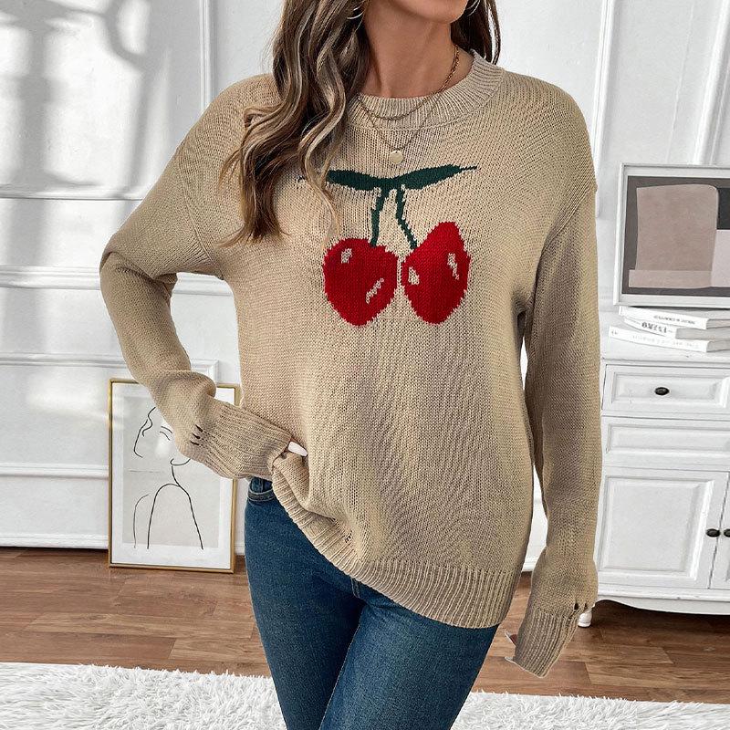 Hundred Percent Clothing - 2025 Sweet Style Loose Knit Sweater with Cherry Jacquard for Women