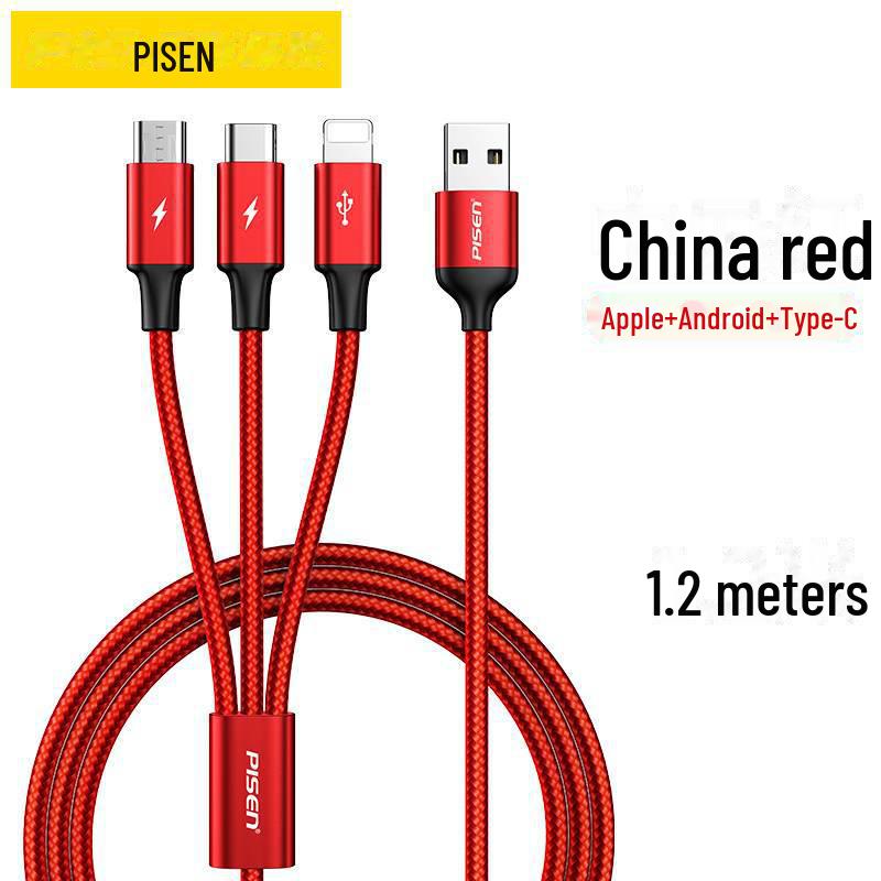 

PISEN 3-in-1 Retractable Fast Charging Cable for Apple, Huawei, and Type-C Devices. 1.2m 3.5A Non-retractable красный