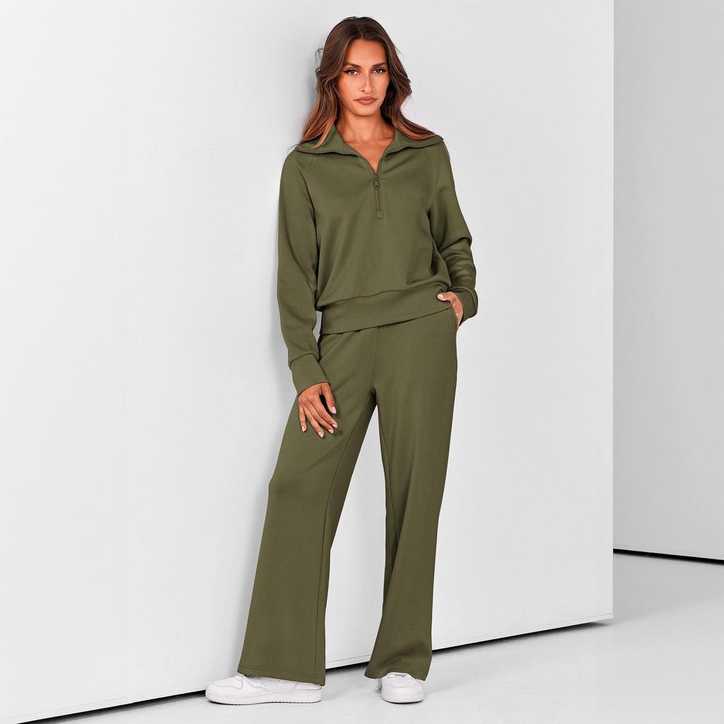 Women's Zip Up Long Sleeve Hoodie and Wide Leg Pants Activewear Set