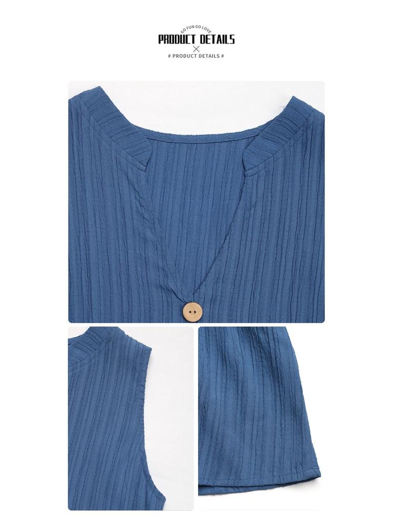 European & American Minimalist V-Neck Button Midi Dress - Sleeveless, Solid Color, Summer 2025 Collection