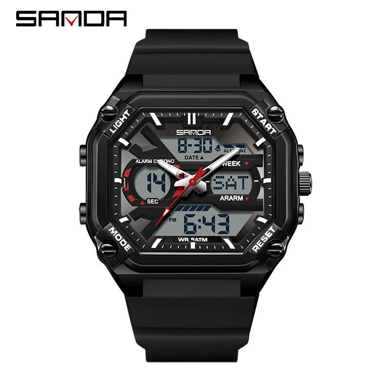 Sanda Men's Multifunctional Waterproof Electronic Watch - Trendy Timer with Dual Display & Three-Time Zone Outdoor Alarm.