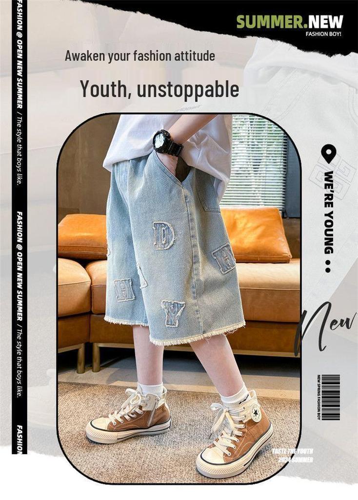 Zhongda Boys' Embroidered Denim High-Waisted Shorts