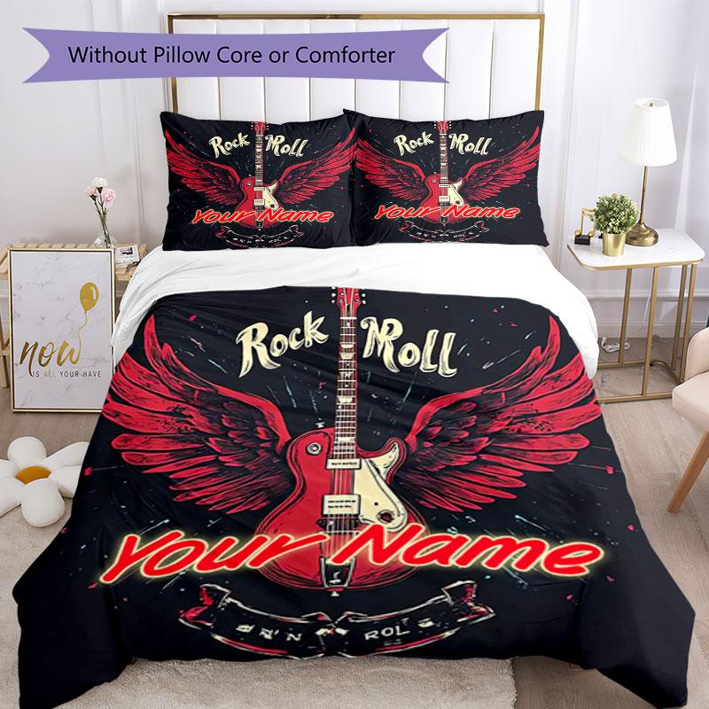 3PC Custom Name Rock 'n' Roll Wings Bedding Set Duvet Cover Closure Includes 1 Duvet Cover & 2 Pillowcases for Bedroom