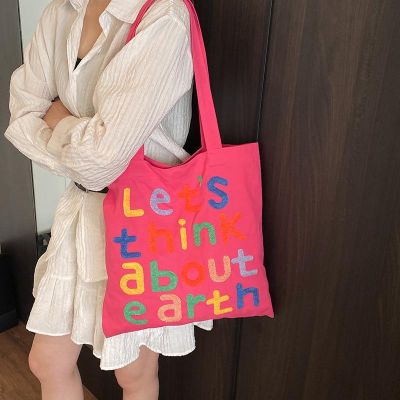 2025 New Shoulder Canvas Bag Ins Style Versatile Tote Bag Casual Commuting Simple Embroidered Letter Big Bag
