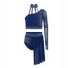 Girls Contemporary Dance Outfit One Shoulder Sheer Mesh Long Sleeve Rhinestone Crop Top with Irregular Skirt