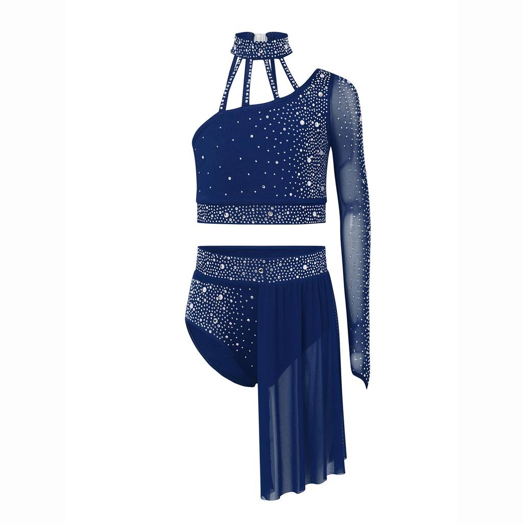 Girls Contemporary Dance Outfit One Shoulder Sheer Mesh Long Sleeve Rhinestone Crop Top with Irregular Skirt