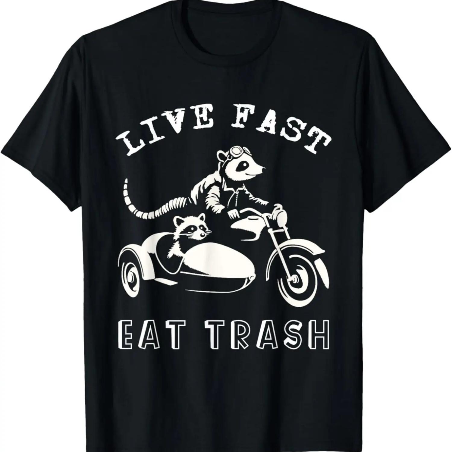 Racoon Possum Riding Motorcycle Live Fast Eat Trash Funny T-Shirt S чёрный