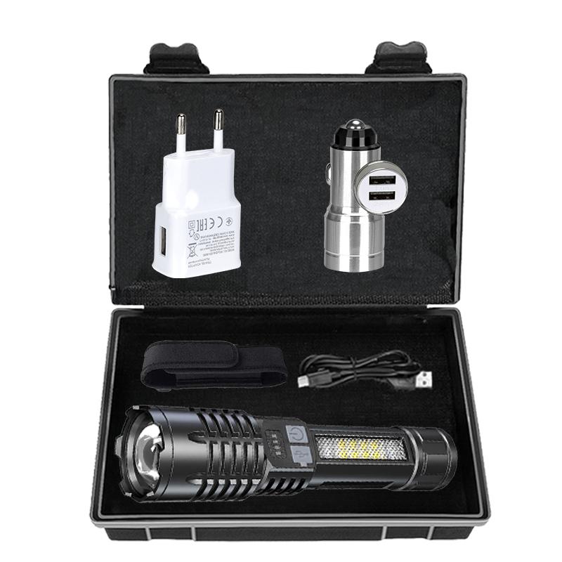 High Power LED Flashlight Powerful USB Rechargeable COB Flashlight with Side Light Torch for Outdoor Camping Hiking Fishing
