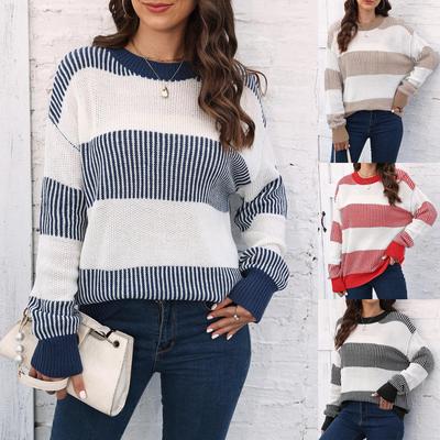 Female, Pullover Top, Women's Clothing, Autumn and Winter New Styles, Casual Loose Top, Woven, Contrasting Striped Sweater, Spliced Sweater