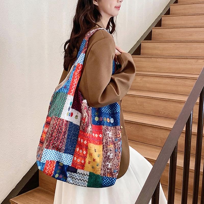 Aesthetic Canvas Toted Bag Reusable Shoulder Toted Bag for Women Casual Vacation,Shopping,Work,Gym Ethnic Style Cloth Bag