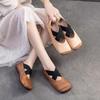 Cross Strap Retro Square Toe Genuine Leather Flat Shoes Solid Color Comfortable Women's Shoes