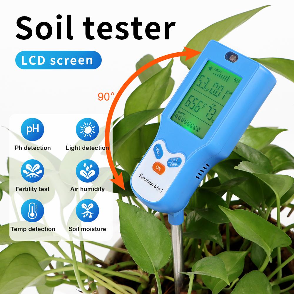 90° Rotation Soli Detector 6 in1 Soil Tester Sunlight Fertility Humidity Temp Soil Moisture PH Meter for Pot Planting Greenhouse