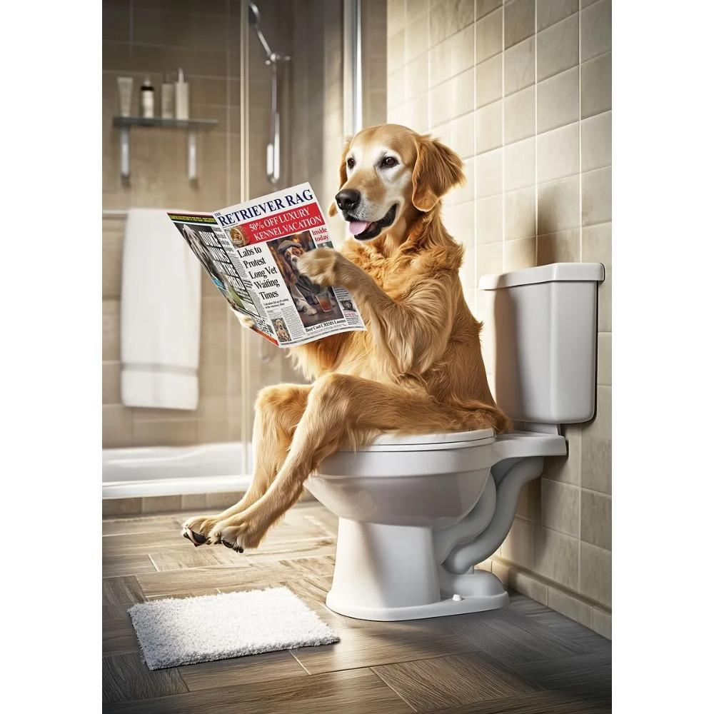 Funny Bathroom Poster Dog Reading Newspaper On Toilet Prints Pet Owner Gift Canvas Painting Wall Art Picture Home Bathroom Decor