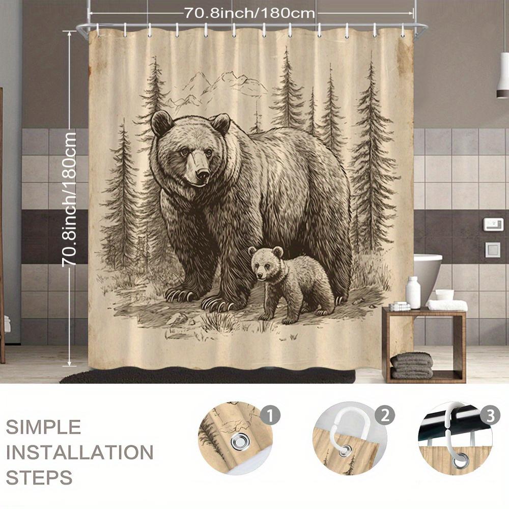 1pc Rustic Bear Shower Curtain Featuring Majestic Bear and Cub Forest Landscape Vintage Nature Bathroom Decor Polyester Fabric