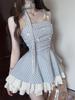 French neck bow suspender dress women's summer 2026 new slim and thin plaid high-waisted tutu skirt