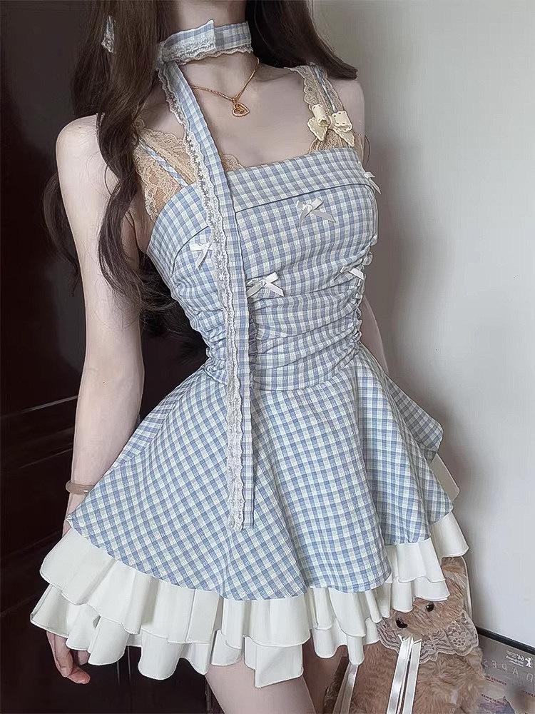 French neck bow suspender dress women's summer 2026 new slim and thin plaid high-waisted tutu skirt