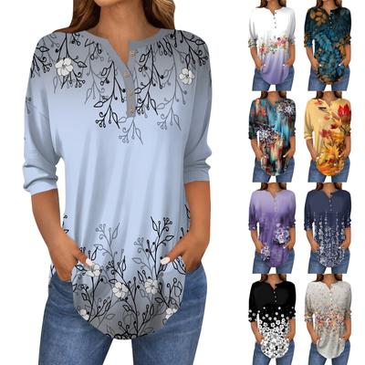 3/4 Length Sleeve Womens Tops Summer T-Shirts Floral Print V Neck Casual Basic Tee Button Shirts Tunic Tops