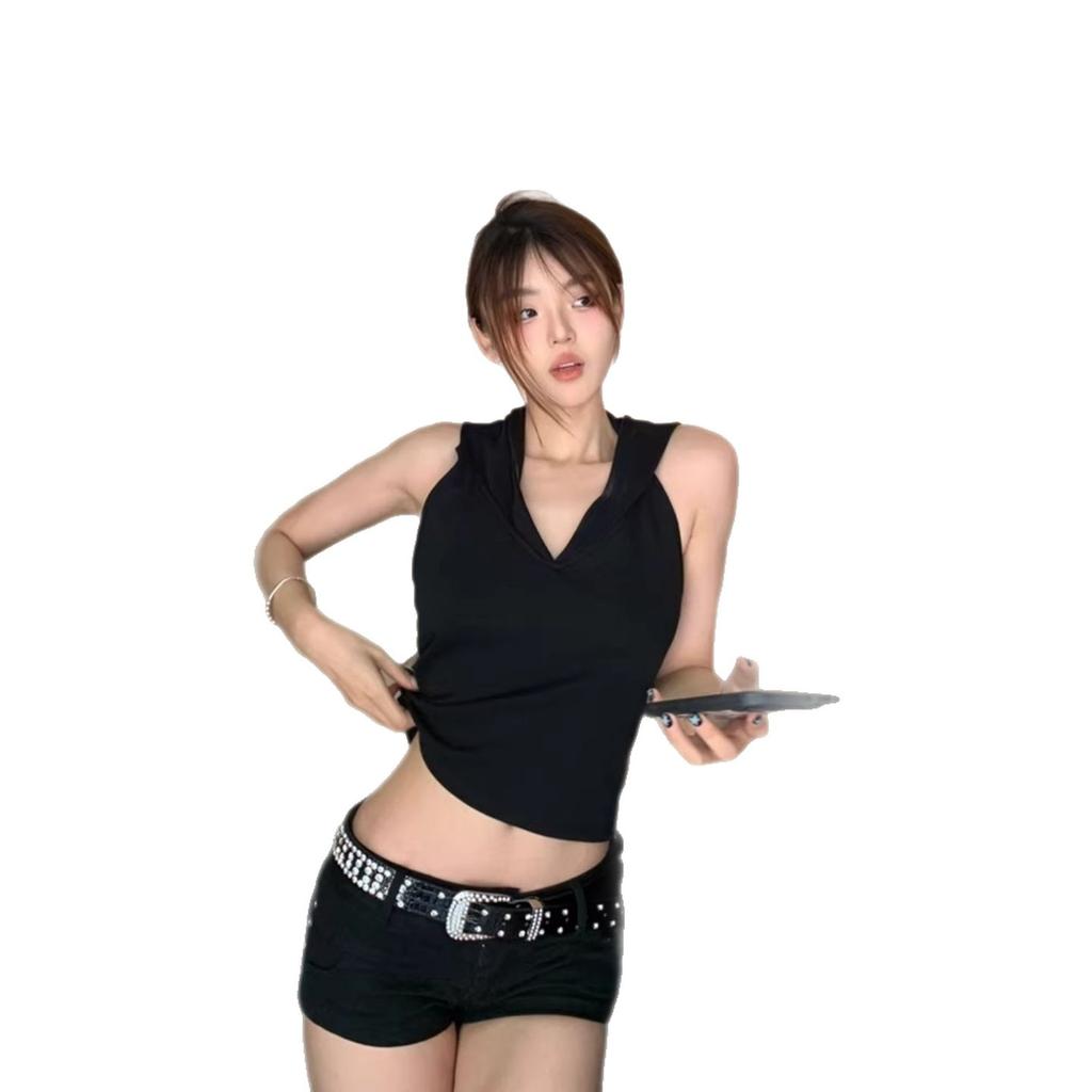 Fashion American Spice Girl Halter Black Hooded Vest Women's Summer Sexy Slim Skinny Personality Top Ins Tide